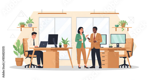 Flat vector illustration of diverse business people working in modern office workspace, team collaboration and meeting scene.