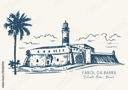 Sketch-style illustration of the Barra Lighthouse, Salvador, Bahia, Brazil.