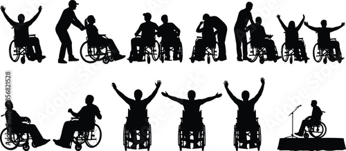 Wheelchair user silhouette collection showing disability support interaction, mobility activities independence and inclusive lifestyle scenes with caregivers and daily life moments