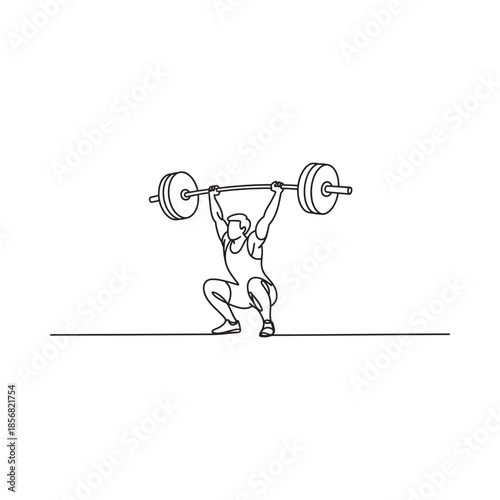 A linear drawing of an athlete performing an overhead barbell squat lift