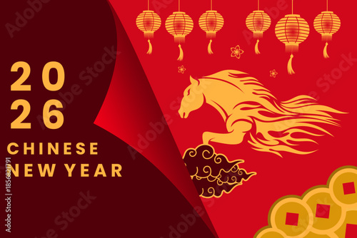 Chinese New Year background illustration with fire horse and flip book. Chinese New Year 2026 background vector.