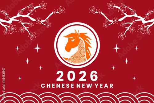 Chinese New Year background illustration with fire horse and cherry blossom branches. Chinese New Year background vector.