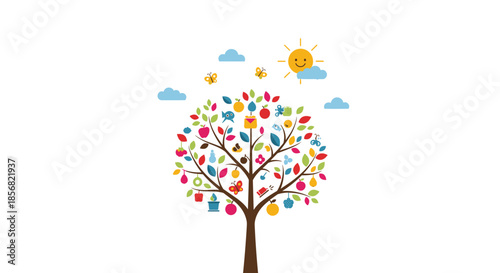 Vibrant tree illustration with a full canopy of colorful leaves and various small icons representing nature, food, and daily life under a bright sun.
