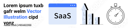 Business growth, SaaS solutions, performance tracking, time management, digital trends, marketing tools. A graphic SaaS text with a growth chart and stopwatch. Business growth and SaaS solutions