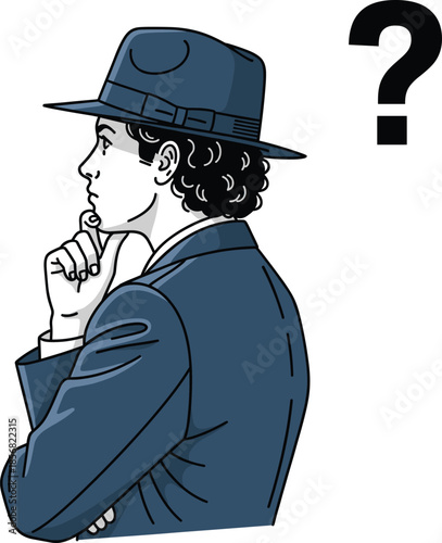 Thinking Detective Man Illustration with Question Mark – Investigation Concept Isolated on Transparent Background Vector
