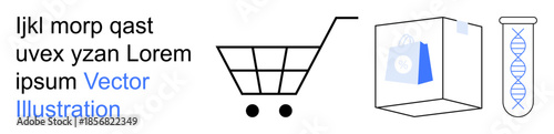 E-commerce, biotechnology, genetics, shopping, packaging, online retail. Shopping cart, test tube with DNA strands and box with a bag. E-commerce and biotechnology-themed