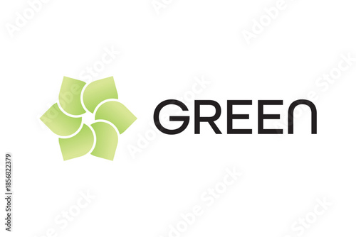 Abstract Green Leaf Pinwheel Logo, Eco Flower Petal Emblem, Minimal Gradient Vector Icon