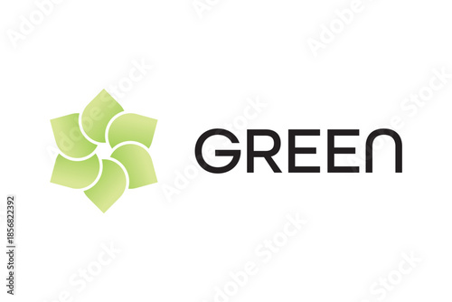 Abstract Green Leaf Pinwheel Logo, Eco Flower Petal Emblem, Minimal Gradient Vector Icon