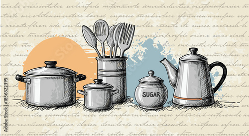 Vintage hand-drawn sketch of kitchen utensils and cookware including pots, a tea kettle, and a sugar jar on a textured background with handwriting.