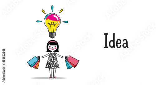 Creative shopping concept illustration with a girl holding colorful bags and a glowing rainbow light bulb above her head representing a bright idea.