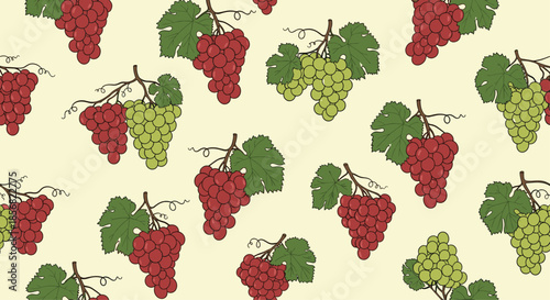 Seamless pattern featuring various red and green grape bunches with leaves and curly vines on a warm cream colored background.