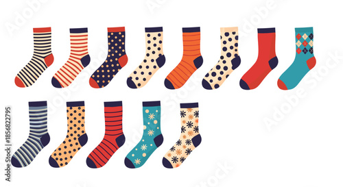 Assortment of thirteen unique and colorful socks with different patterns like stripes, polka dots, and snowflakes on a white background.