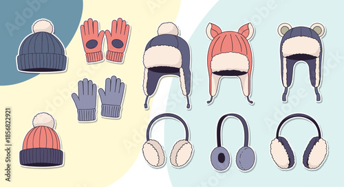 Array of cozy winter accessory stickers featuring various hats, gloves, and earmuffs in warm shades of blue, red, and cream white.
