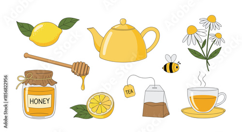 Charming collection of items for a hot tea session including lemon, honey, a teapot, a bumblebee, chamomile flowers, and a tea bag.