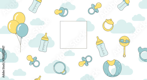 Soft seamless pattern for babies featuring essential items like bottles, pacifiers, rattles, and balloons with clouds and stars.