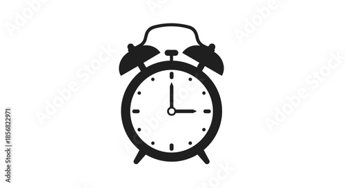 Classic twin-bell alarm clock icon in black and white with a simple design indicating time for home or office productivity concepts.