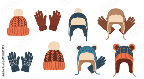 Selection of cozy winter hats and gloves as stickers featuring knitted patterns and fur trim for cold weather apparel concepts.