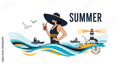 Elegant summer scene featuring a woman in a stylish swimsuit and wide hat with a coastal backdrop of a lighthouse, boats, and seagulls on the waves.