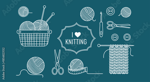 Knitting and crochet tools set with yarn balls, needles, scissors, and buttons in white line art style on a dark blue background.