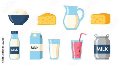 Various dairy products set including milk bottles, cheese wedges, yogurt, and a milkshake for breakfast and healthy diet themes.
