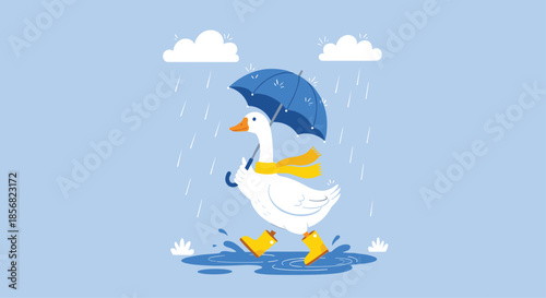 Cute white duck wearing a yellow scarf and boots walking through a puddle under a blue umbrella in the rain for kids art.