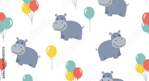 Cute blue hippo and colorful balloons seamless pattern on a white background for children party and nursery decoration.