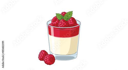 Delicious raspberry panna cotta dessert in a glass decorated with fresh berries and mint leaves for a fancy restaurant menu.