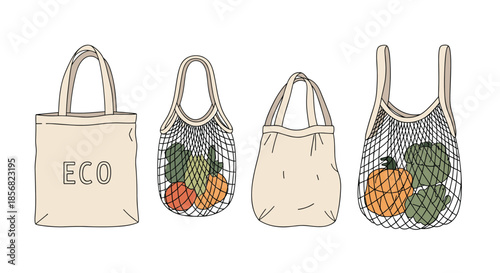 Set of reusable eco-friendly shopping bags filled with fresh vegetables and fruits like pumpkin, carrots, and lettuce for zero waste.