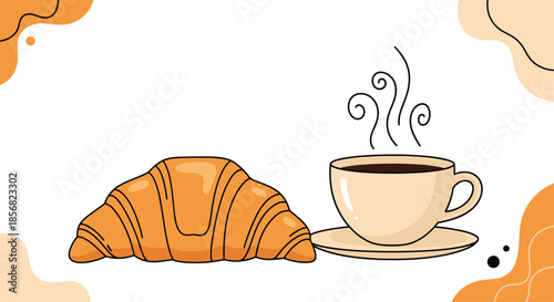 Classic breakfast illustration of a buttery croissant served with a steaming cup of dark coffee for a cozy morning vibe.