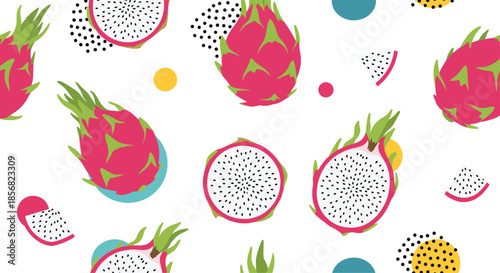 Vibrant seamless pattern of whole and sliced pitaya dragon fruit with abstract colorful dots on a white background.