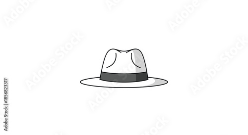 Classic white fedora hat icon with a black ribbon band isolated on a clean white background for fashion design.