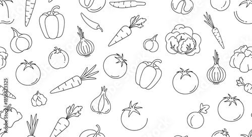 Detailed line art seamless pattern featuring outlines of different vegetables like tomatoes, carrots, peppers, and onions.
