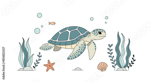 Beautiful sea turtle illustration swimming through the ocean among seaweed, starfish, and shells in soft blue tones.