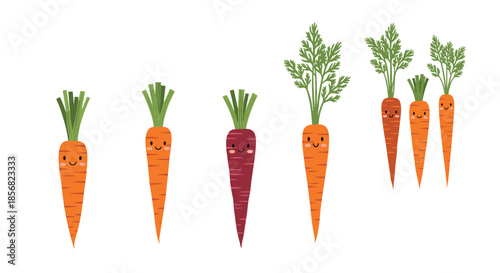 Collection of adorable carrot characters with sweet smiling faces in different sizes and shades of orange and purple.