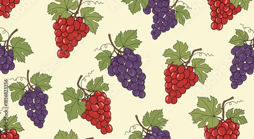 Rich seamless pattern of luscious red and purple grape bunches with green leaves on a warm cream background.