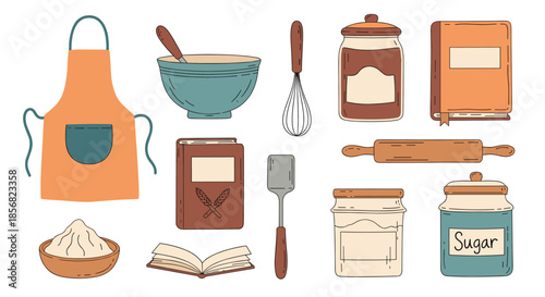 Charming set of baking themed icons including an apron, mixing bowl, recipe books, rolling pin, and storage jars.