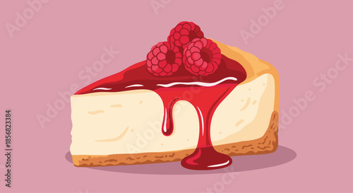 Mouth-watering illustration of a creamy cheesecake slice topped with rich red raspberry sauce and fresh berries.