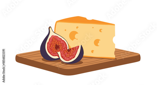 Sophisticated food illustration featuring a wedge of swiss cheese and ripe halved figs on a wooden cutting board.