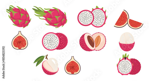 Colorful collection of exotic fruit icons showing whole and halved dragon fruit, figs, and lychee berries.