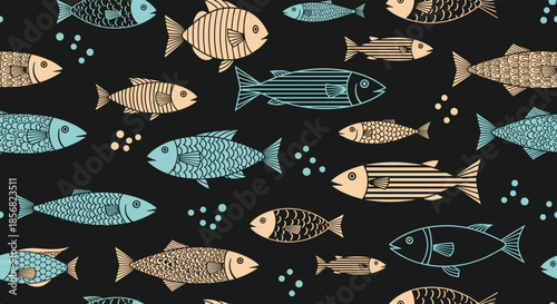 Stylized marine pattern featuring a variety of fish in teal and beige tones swimming together with small bubbles on a solid black background for contrast.