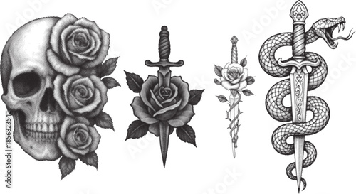 A collection of dark romantic tattoo flash designs featuring a detailed human skull entwined with blooming roses a dagger piercing a central rose and a coiled serpent wrapped dramatically around an or