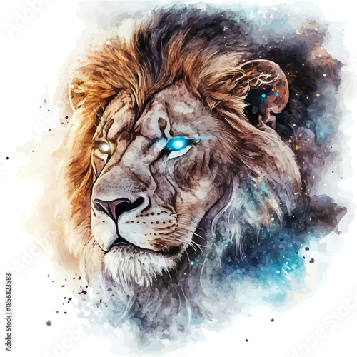Photos Lion, semi-realistic fantasy design, magical atmosphere, watercolor painterly il