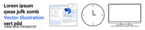Data analysis, time management, productivity tools, workflow efficiency, digital workspace, planning. Graph report, clock icon and monitor screen. Data analysis and time management concepts