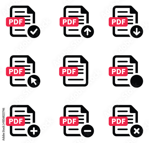 Pdf file management icons set with download, upload, add, and delete