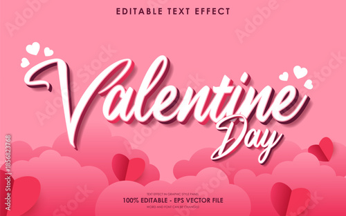 Valentine Day Editable Text Effect with Hearts and Clouds on Pink Background.