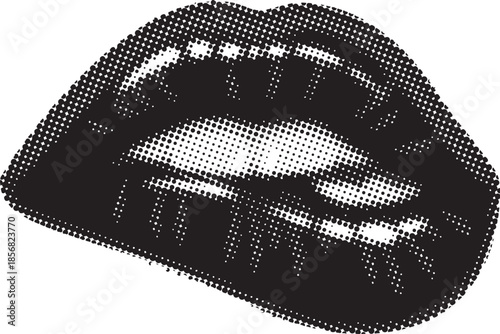 Graphic black and white halftone close up illustration depicting slightly parted human lips revealing white teeth in an open mouth style suggestive of speech or expression in vintage print aesthetic