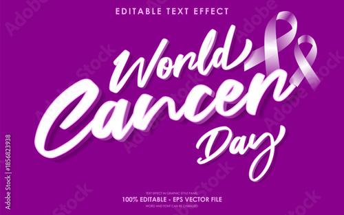 World Cancer Day editable text effect with purple ribbon.