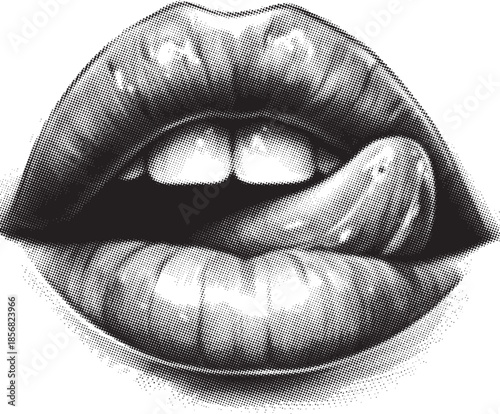 Detailed black and white illustration of sensuous, glossy full lips slightly parted while a tongue emerges to lick the upper lip in a suggestive and alluring gesture capturing intense desire and passi