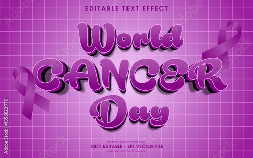World Cancer Day editable text effect with purple ribbons.