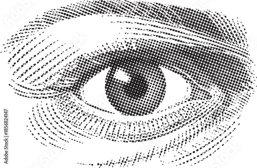 Detailed close up illustration of a human eye rendered in black and white engraving style showing the iris pupil and surrounding skin texture with fine line work suggesting vintage anatomical drawing 